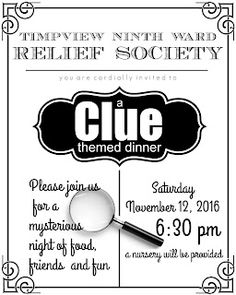 This-n-that; a little crafting: Clue Night Clue Party Invitations, Clue Night, Ward Activity Ideas, Relief Society Gifts, Lds Relief Society Activities, Relief Society Crafts, Relief Society Visiting Teaching, Craft Nights, Rs Activities