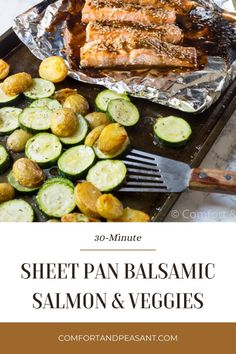 sheet pan balsamic salmon and veggies with text overlay