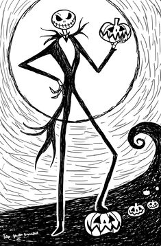 a black and white drawing of a jack - o'- lantern character holding two pumpkins