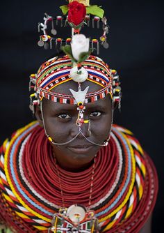 Rendille young girl with a decorative chain on the face - Kenya Body Adornment