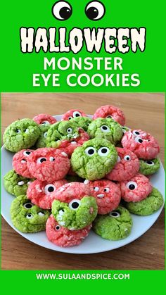 green monster eye cookies on a plate with the words halloween monster eye cookies above it