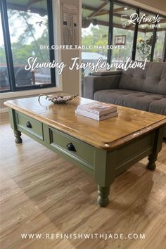 a coffee table in the middle of a living room with a couch and window behind it