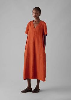 Garment Dyed Linen V-Neck Dress | Rooibos Red | TOAST Toast Clothing, Workwear Dresses, Floral Print Dresses, Cotton Poplin Dress, Denim Dresses, Easy Shape, Mens Loungewear, Dyed Linen, Loungewear Women