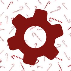 a red cogwheel on a white background with candy canes