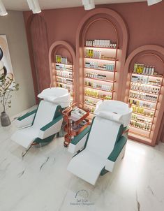 two lounge chairs sitting in front of shelves with bottles on them