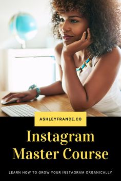 a woman sitting in front of a computer with the title instagramm master course