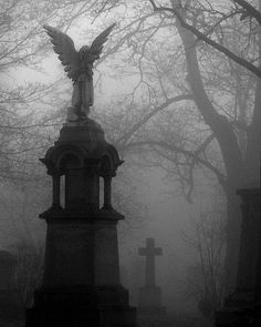 an angel statue on top of a grave in a cemetery surrounded by trees and tombstones