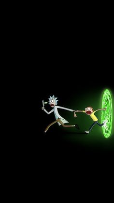 rick and mort in the dark with neon green light on their face, running towards each other