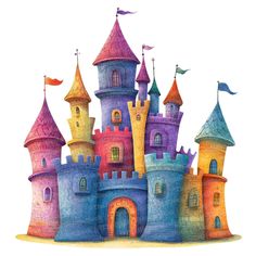 a drawing of a colorful castle with flags on it's towers and turretss