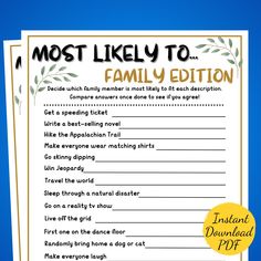 the most likely to family edition game is in front of a blue background with an orange circle