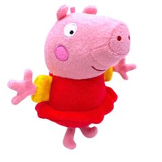 peppa pig stuffed animal in red dress with arms outstretched and legs spread out, on white background