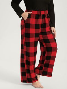 Plaid Pocket Elastic Waist Wide Leg Pants Trendy Bottoms, Red Season, Chubby Fashion, Womens Clothing Sizes, Hip Length, Look Fashion, Leg Pants, Plus Size Fashion, Wide Leg Pants