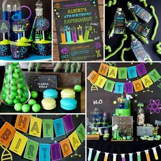 the birthday party is decorated with neon colors