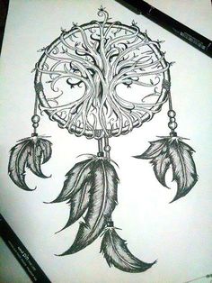 a drawing of a tree with feathers hanging from it