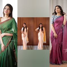 three different pictures of women in sari