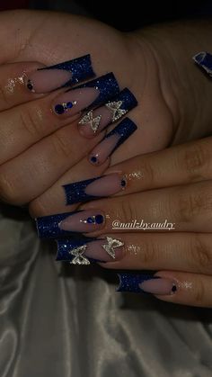 @nailzby.audy on IG Nails Blue Quince, Navy Dark Blue Nails, Coffin Acrylic Nails Navy Blue, Navy Blue Acyrilics Nails, Quinceañera Centerpieces Ideas Royal Blue, Acrylic Nails That Go With Navy Blue Dress, Navy Blue Quince Nails Short, 21st Birthday Nails Blue, Quince Nails Blue Short