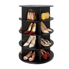 four tiered shoe rack with several pairs of shoes