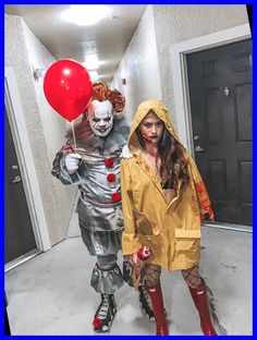 two people in costumes are walking down the hallway with balloons on their heads and one is holding a red balloon