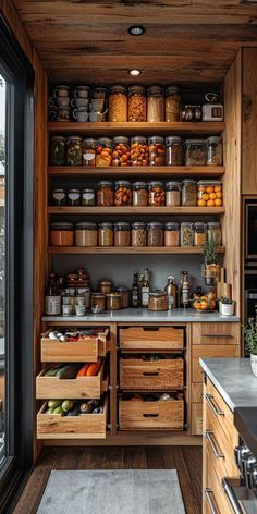 an open kitchen with lots of wooden shelves and drawers on the wall, filled with food