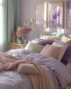 there is a bed with purple sheets and pillows on it