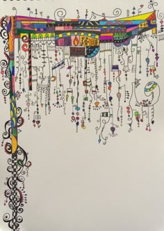 a drawing of a building with lots of beads hanging from it