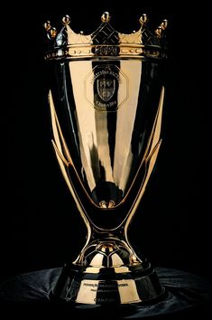 a gold trophy with a crown on top sitting on a black surface in front of a black background