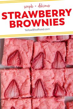 strawberry brownies are cut into squares and placed on top of each other with strawberries in the middle