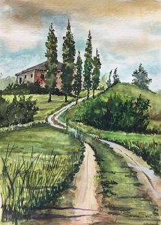 a watercolor painting of a dirt road leading to a house on top of a hill