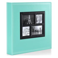 an aqua colored photo album with four pictures in it