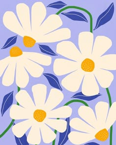 a painting of white flowers on a blue background