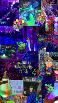 a collage of photos with neon colors