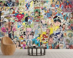 a wooden chair sitting in front of a wall covered with comic books and cartoon characters