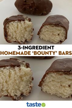 three ingredient homemade'bounty'bars on a white plate with text overlay