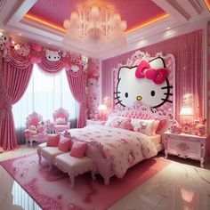 a hello kitty bedroom with pink walls and curtains, chandelier, bedding, rugs