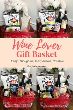 the wine lover gift basket is filled with wines and snacks