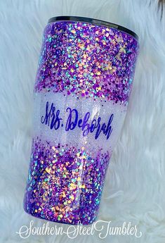 purple and blue glitter tumbler with the name mrs deplorah on it