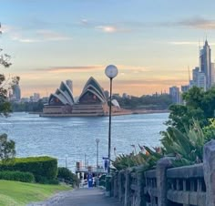 the sydney opera house is seen from across the water at sunset, with trees and bushes in the foreground