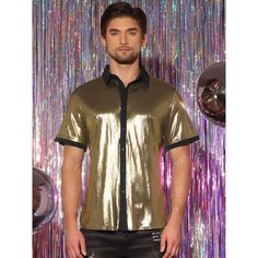 Check out this stunning Shiny Design Color Block Collared Short Sleeves Button Down Closure Nightclub shirt! The sparkling disco button-down shirt is designed to show off your figure and make your style stand out. It's the perfect choice for a night out at a club, a lively party, or a dazzling dancing performance. You can elevate your look by pairing this shiny shirt with faux leather pants and a metallic coat for a touch of glamour. Fitted Short Sleeve Shirt For Party Season, Fitted Top With Button Closure For Party, Disco Style Shirt For Night Out In Summer, Summer Disco Shirt For Night Out, Disco Style Summer Shirt For Night Out, Fitted Button Shirt For Night Out, Fitted Shirt With Button Closure For Party, Fitted Collared Party Top, Fitted Collared Top For Party