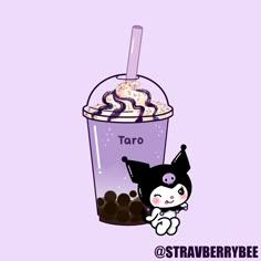 a cartoon character holding up a cup of chocolate milkshake with whipped cream and sprinkles