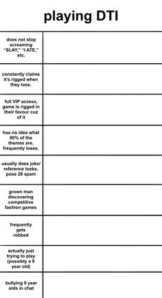 a table with the words playing dti and an image of what it means to be