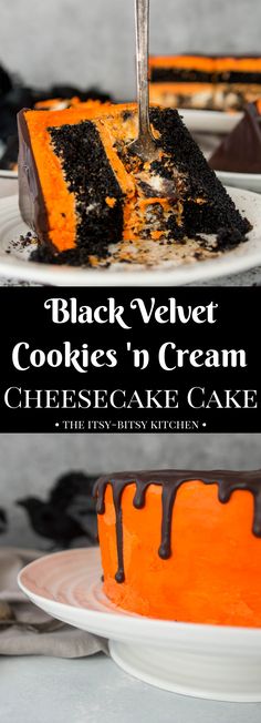 a black velvet cake with orange icing and chocolate drizzle