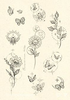 some flowers and butterflies are drawn on paper with black marker pens in the middle of each one