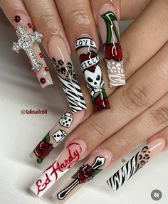 Ed Hardy Nails, Weak Nails, Colored Acrylic Nails, Simple Acrylic Nails, Unique Acrylic Nails