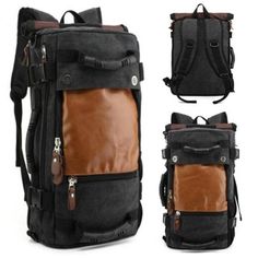 the back and side view of a backpack with multiple compartments on each side, one is brown