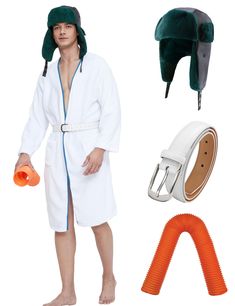 a man in a bathrobe and hat is holding an orange object while standing next to other items