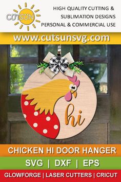 the chicken door hanger is made from wood and has a bow on it's head