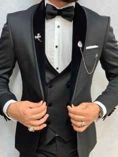 Acacia Black Slim Fit Tuxedo – brabion Tailored Black Satin Blazer, Fitted Satin Blazer For Weddings, Black Satin Blazer With Notch Lapel, Fitted Black Satin Blazer, Fitted Black Satin Set, Black Fitted Satin Set, Black Satin Tuxedo Blazer, Fitted Black Satin Tuxedo, Black Satin Party Suit