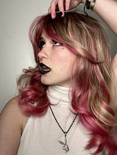 Blonde Hair Color Ideas Curly, Hair With Pop Of Color, Red Purple And Blonde Hair, Hidden Pink Hair, Rose Balayage Blonde, Pink And Blonde Hair Ideas, Underneath Pink Dyed Hair, Funky Hair Colour, Pink Calico Hair