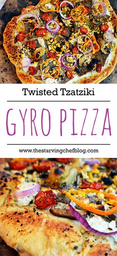 two different types of pizza with the words twisted tatiki gyro pizza