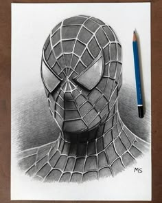 a drawing of a spider man with a pencil in it's mouth and eyes